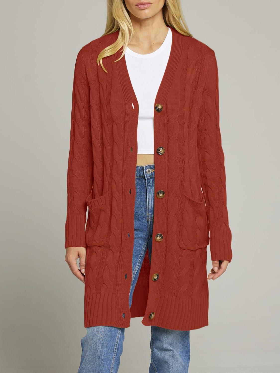 imageMEROKEETY Womens 2025 Long Sleeve Cardigan Sweater Fall Winter Cable Knit Open Front Button Long OuterwearRust