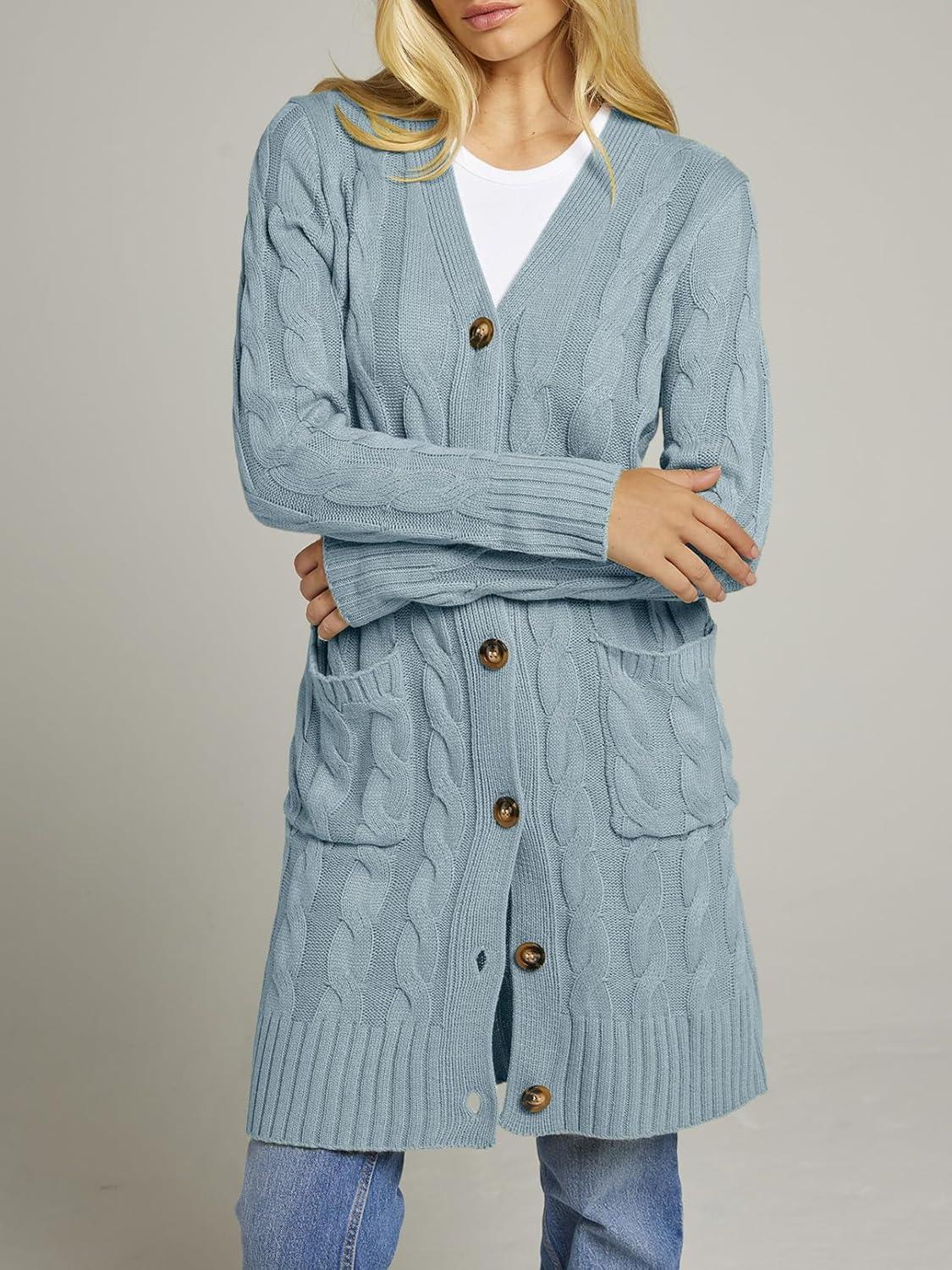 imageMEROKEETY Womens 2025 Long Sleeve Cardigan Sweater Fall Winter Cable Knit Open Front Button Long OuterwearSage