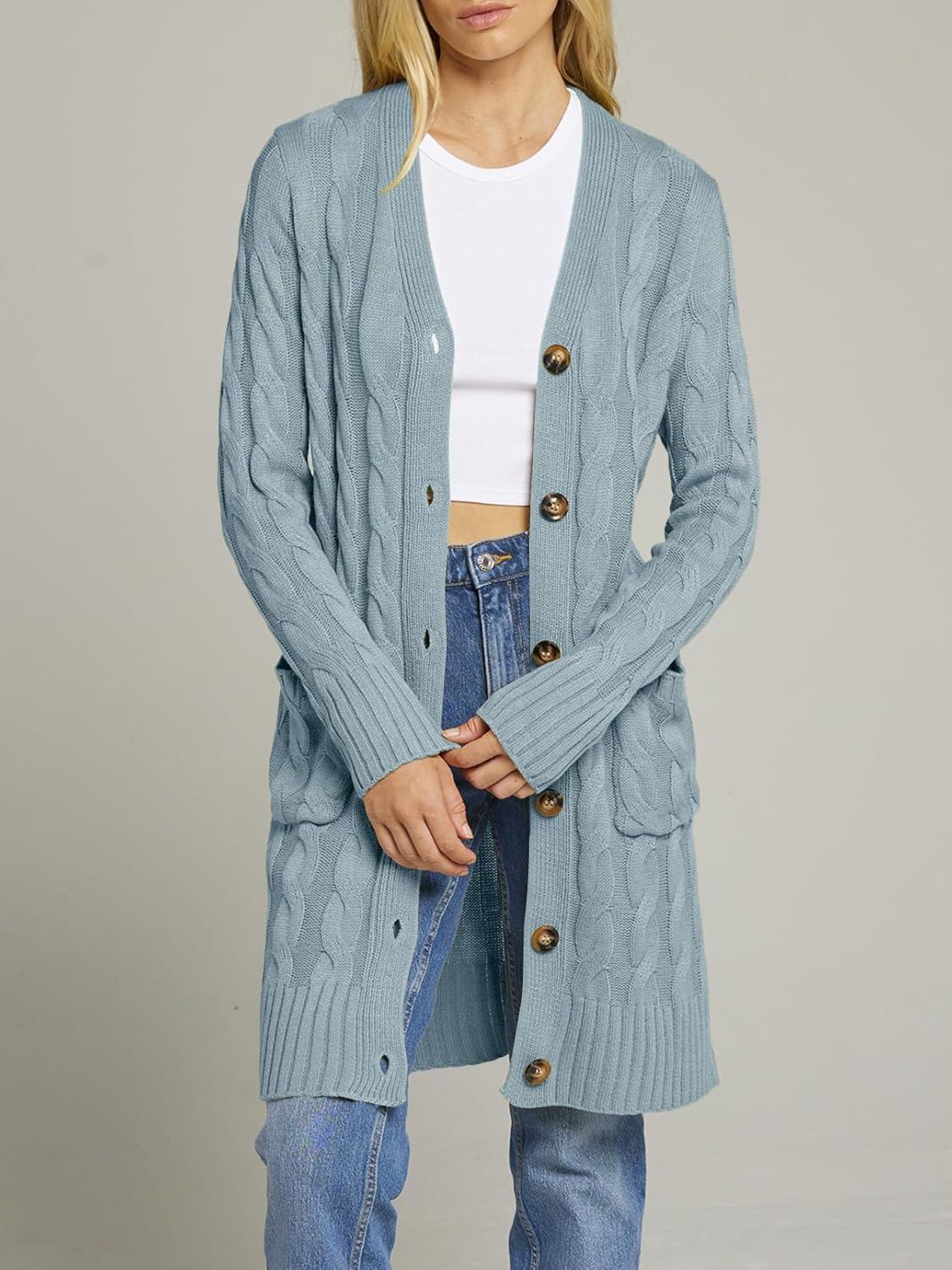 imageMEROKEETY Womens 2025 Long Sleeve Cardigan Sweater Fall Winter Cable Knit Open Front Button Long OuterwearSage