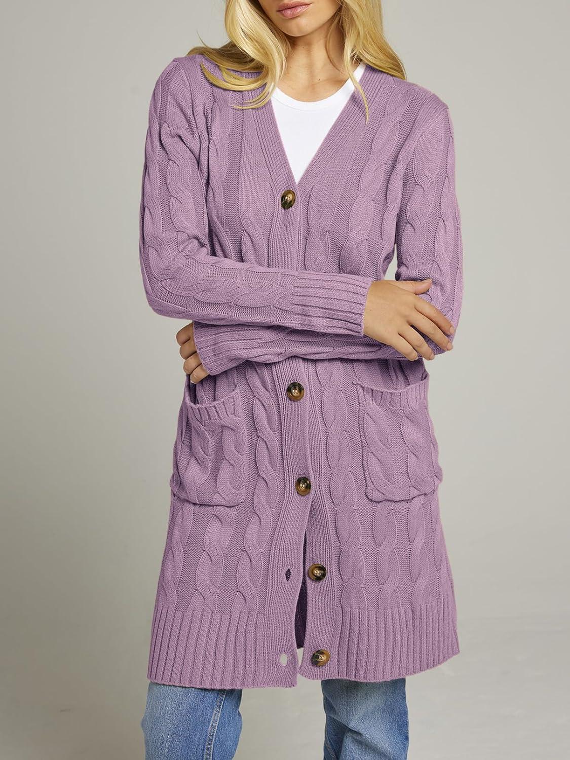 imageMEROKEETY Womens 2025 Long Sleeve Cardigan Sweater Fall Winter Cable Knit Open Front Button Long OuterwearTaro