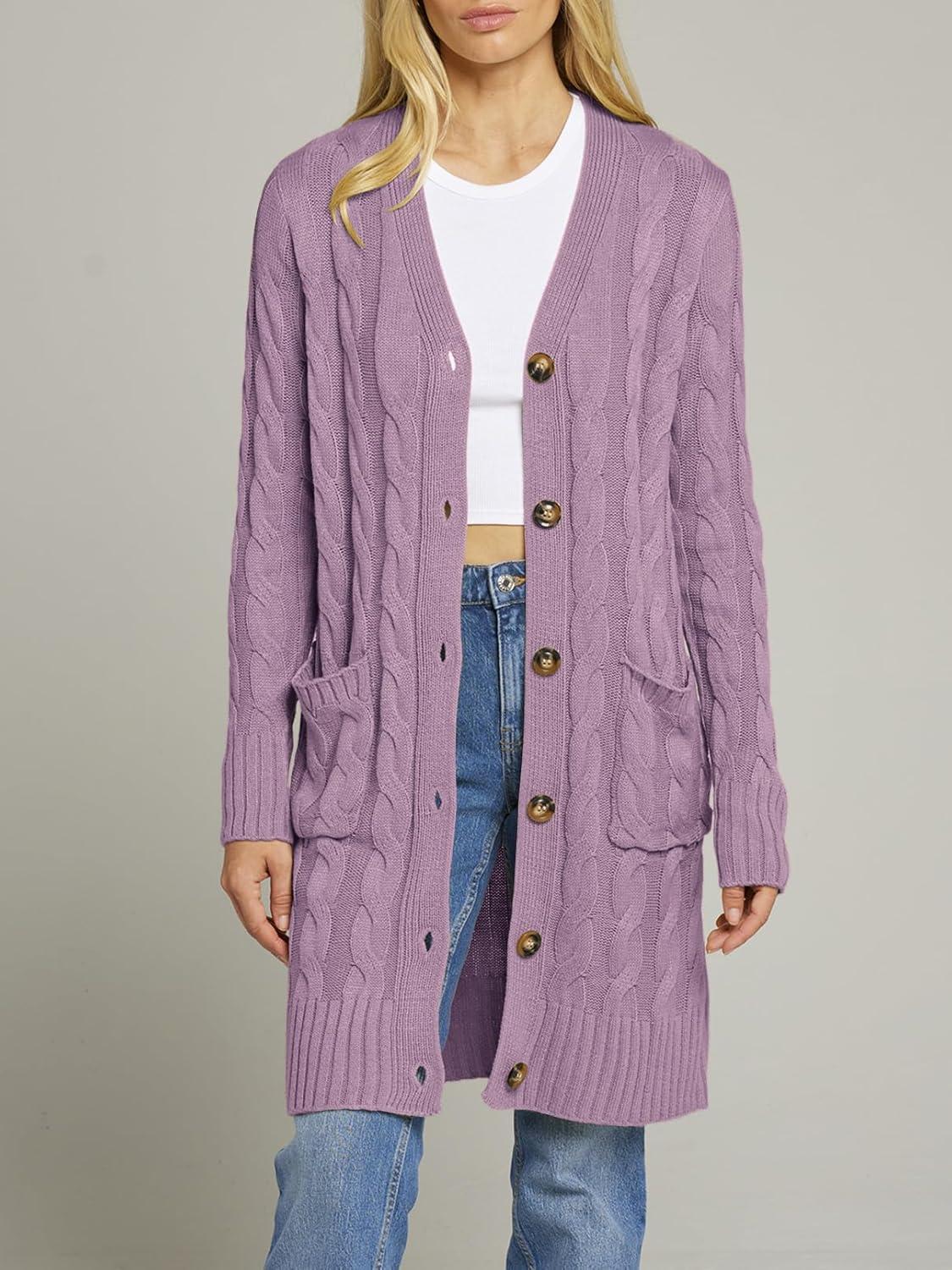 imageMEROKEETY Womens 2025 Long Sleeve Cardigan Sweater Fall Winter Cable Knit Open Front Button Long OuterwearTaro