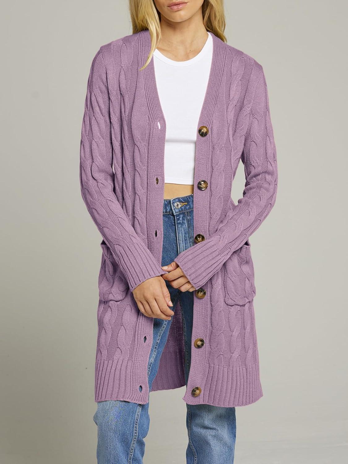 imageMEROKEETY Womens 2025 Long Sleeve Cardigan Sweater Fall Winter Cable Knit Open Front Button Long OuterwearTaro