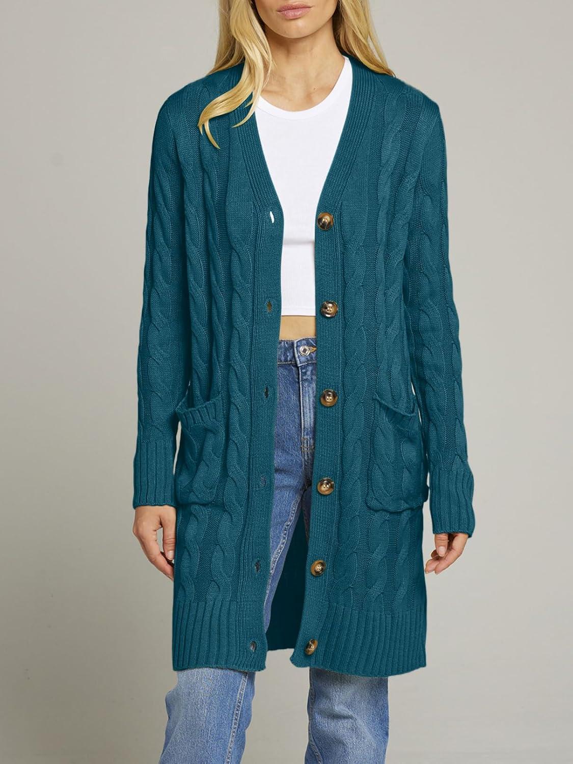 imageMEROKEETY Womens 2025 Long Sleeve Cardigan Sweater Fall Winter Cable Knit Open Front Button Long OuterwearTeal