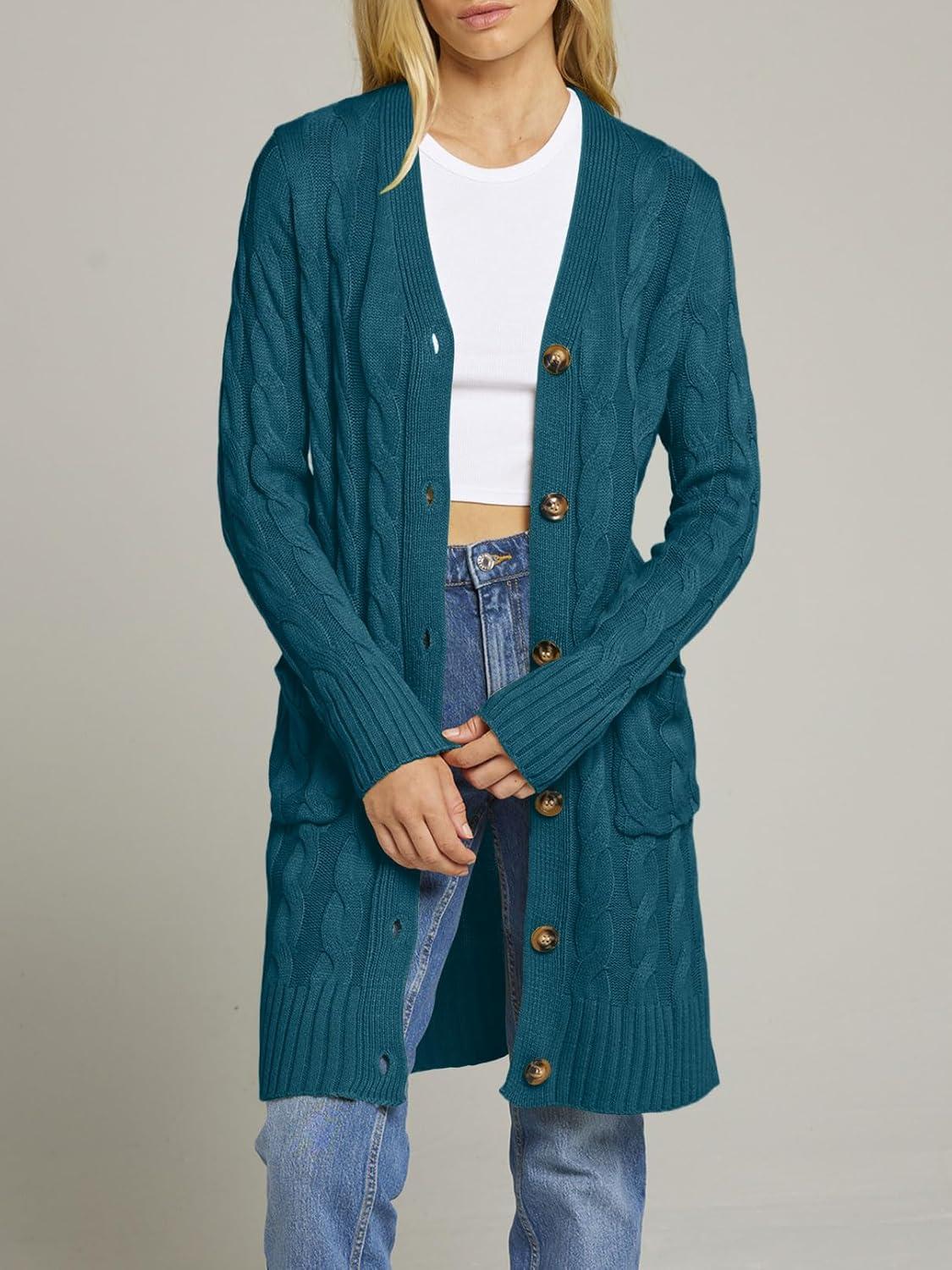 imageMEROKEETY Womens 2025 Long Sleeve Cardigan Sweater Fall Winter Cable Knit Open Front Button Long OuterwearTeal