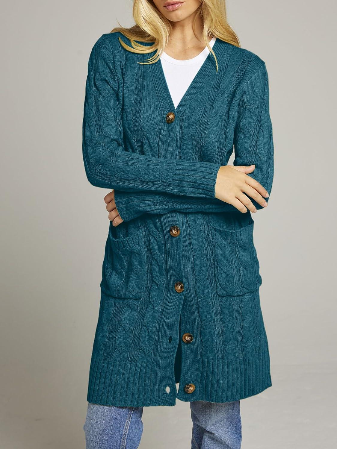 imageMEROKEETY Womens 2025 Long Sleeve Cardigan Sweater Fall Winter Cable Knit Open Front Button Long OuterwearTeal