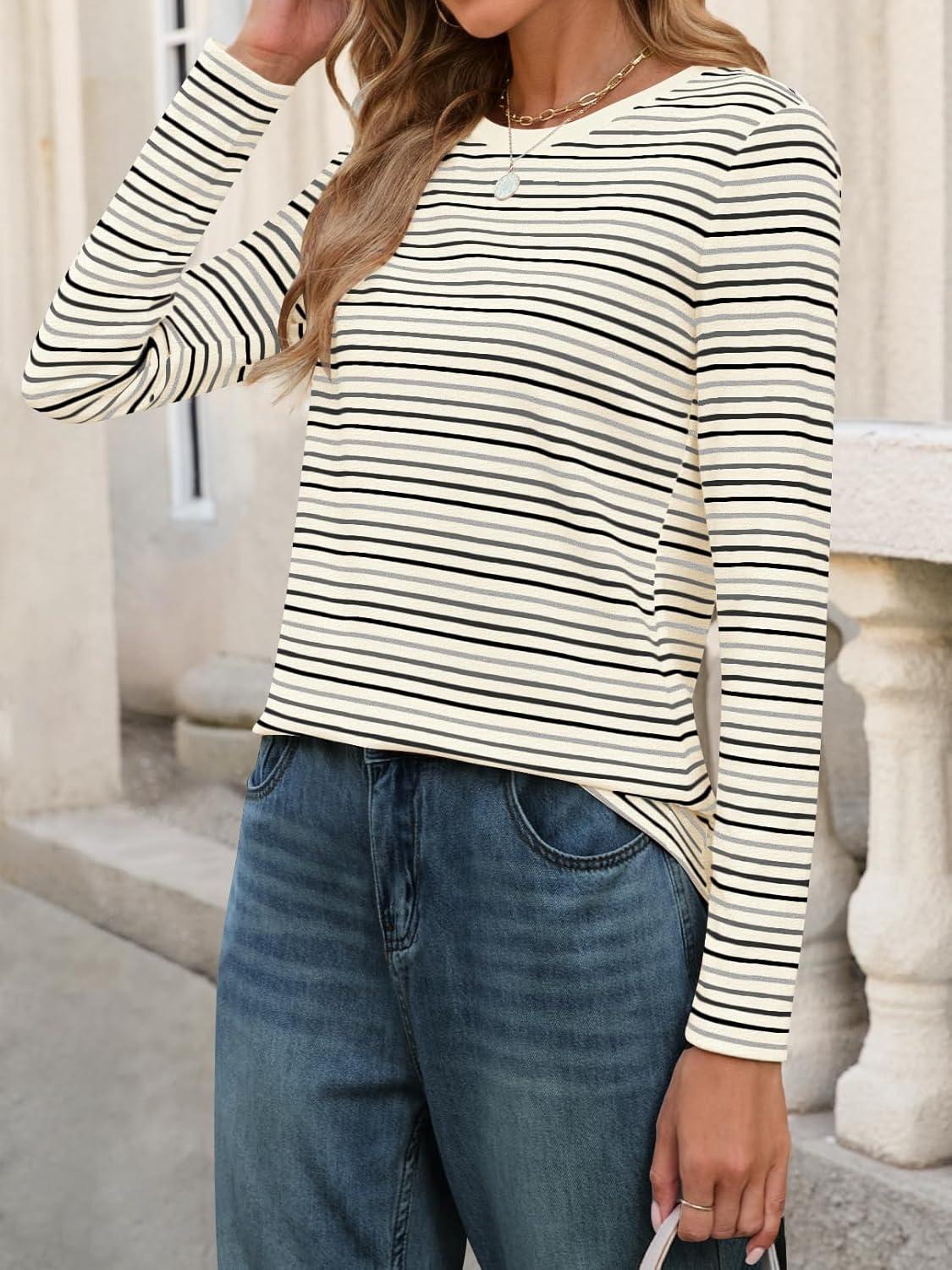 imageMEROKEETY Womens 2025 Long Sleeve Top Blouse Fall Casual Trendy Colourful Striped Crewneck Loose ShirtsGrey