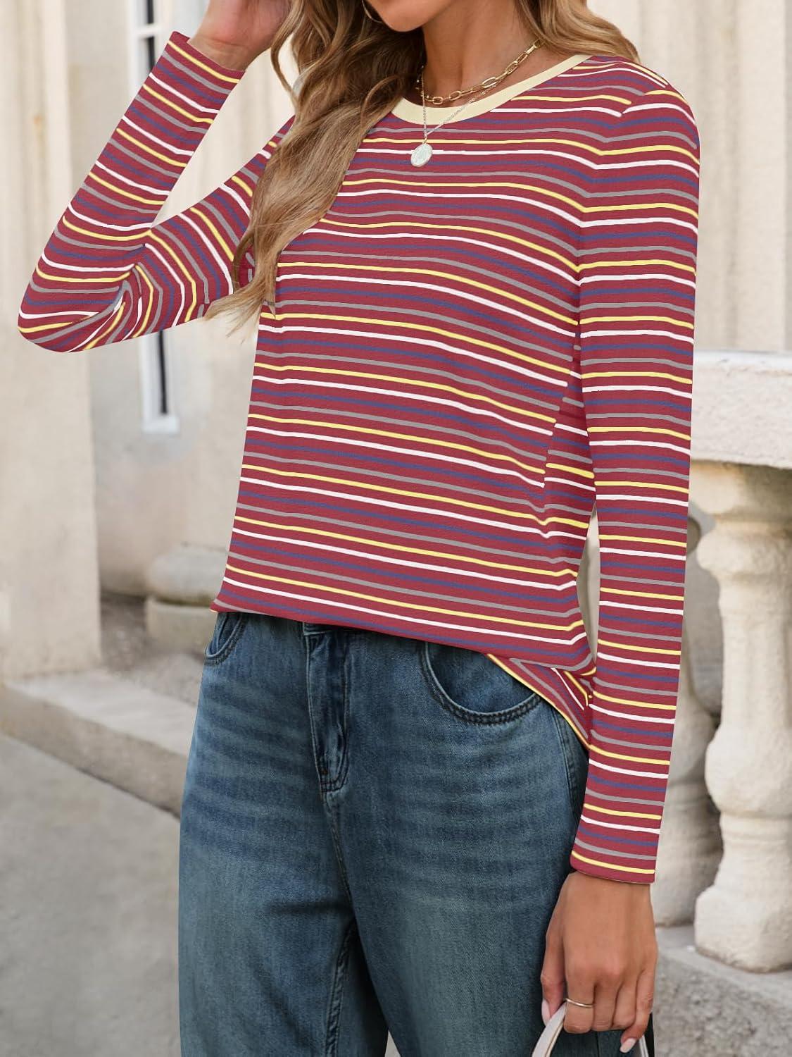 imageMEROKEETY Womens 2025 Long Sleeve Top Blouse Fall Casual Trendy Colourful Striped Crewneck Loose ShirtsWine