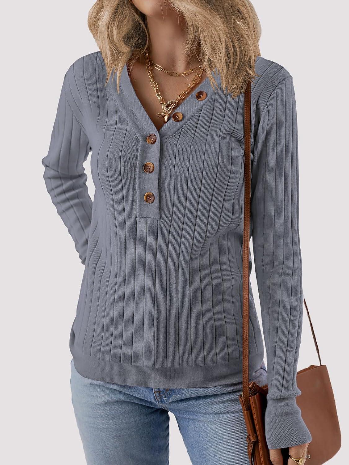 imageMEROKEETY Womens 2025 Long Sleeve V Neck Ribbed Button Knit Sweater Solid Color TopsGrey