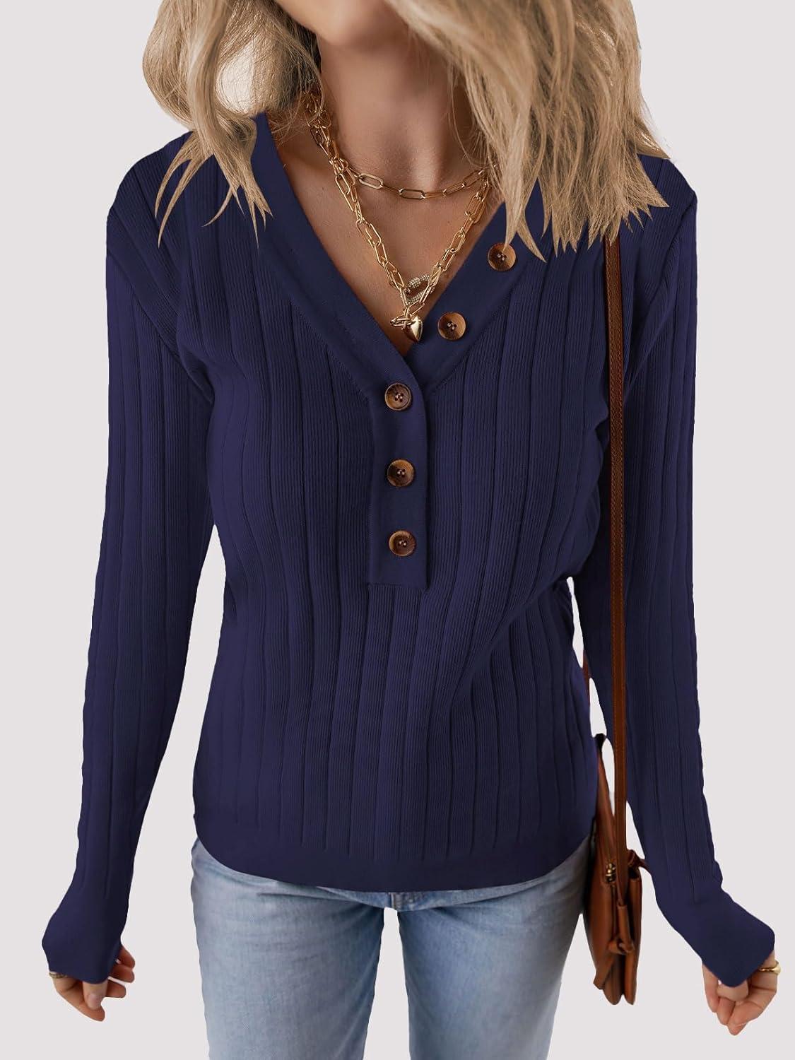 imageMEROKEETY Womens 2025 Long Sleeve V Neck Ribbed Button Knit Sweater Solid Color TopsNavy