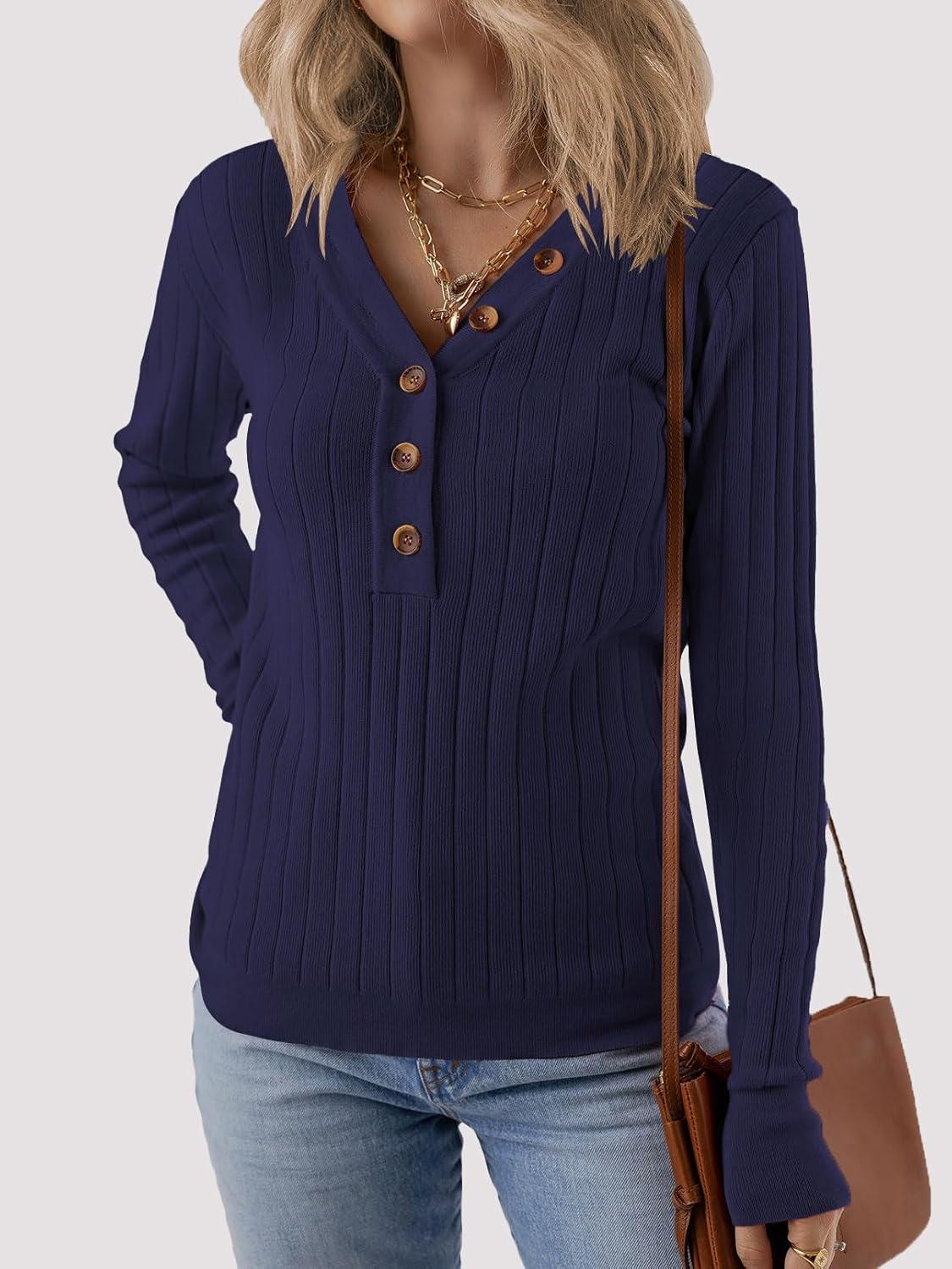 imageMEROKEETY Womens 2025 Long Sleeve V Neck Ribbed Button Knit Sweater Solid Color TopsNavy