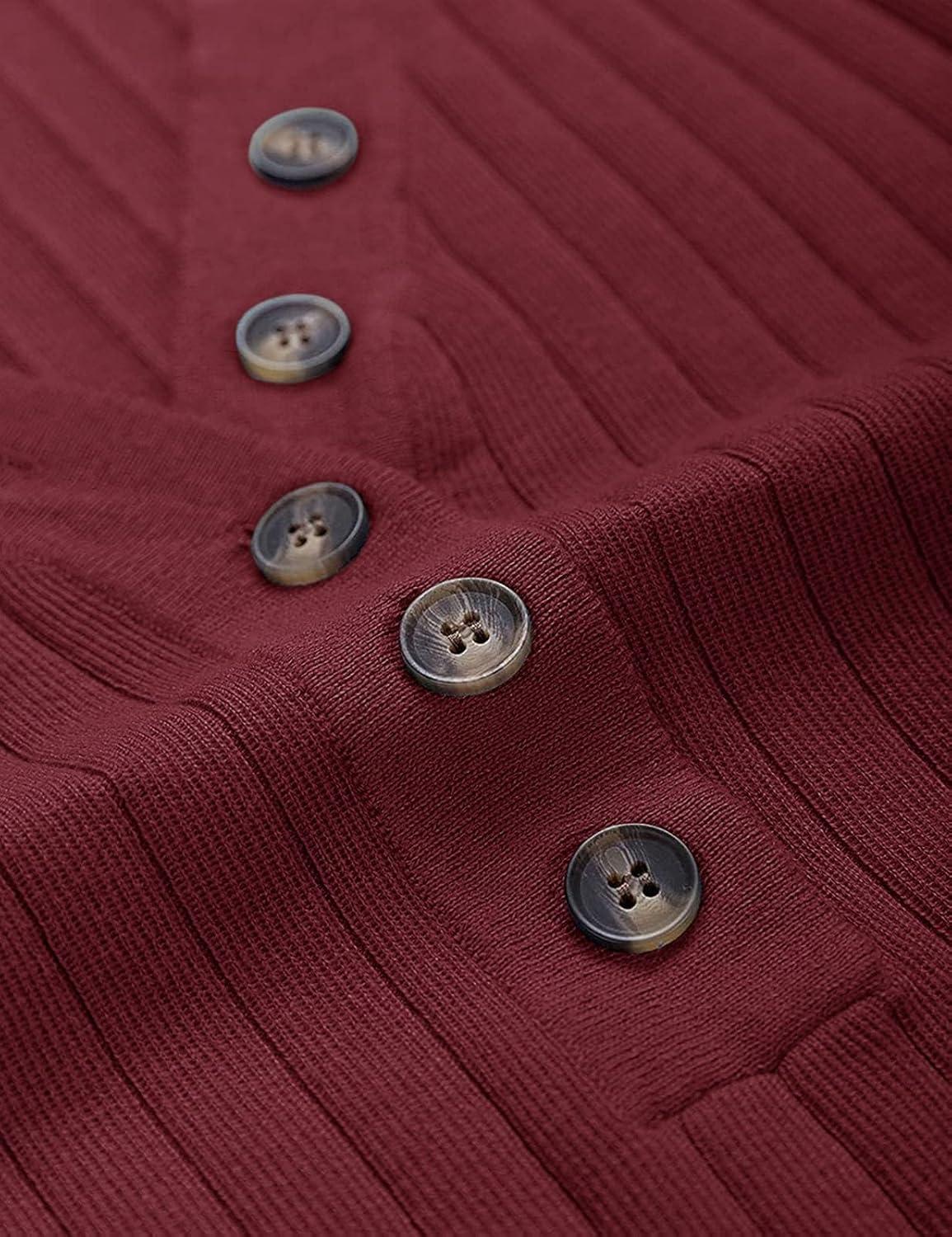 imageMEROKEETY Womens 2025 Long Sleeve V Neck Ribbed Button Knit Sweater Solid Color TopsWine