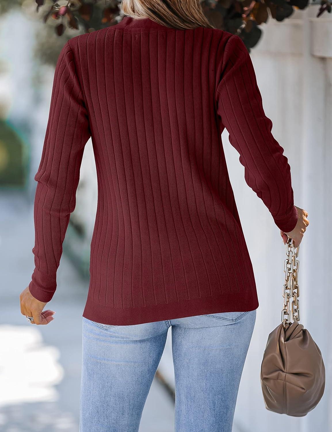 imageMEROKEETY Womens 2025 Long Sleeve V Neck Ribbed Button Knit Sweater Solid Color TopsWine