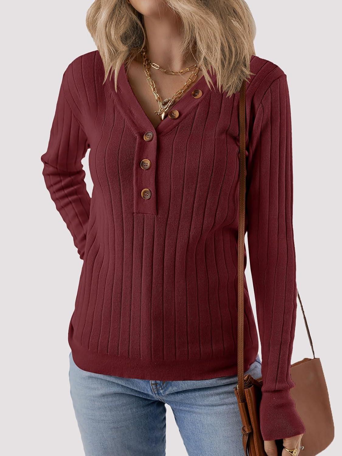 imageMEROKEETY Womens 2025 Long Sleeve V Neck Ribbed Button Knit Sweater Solid Color TopsWine