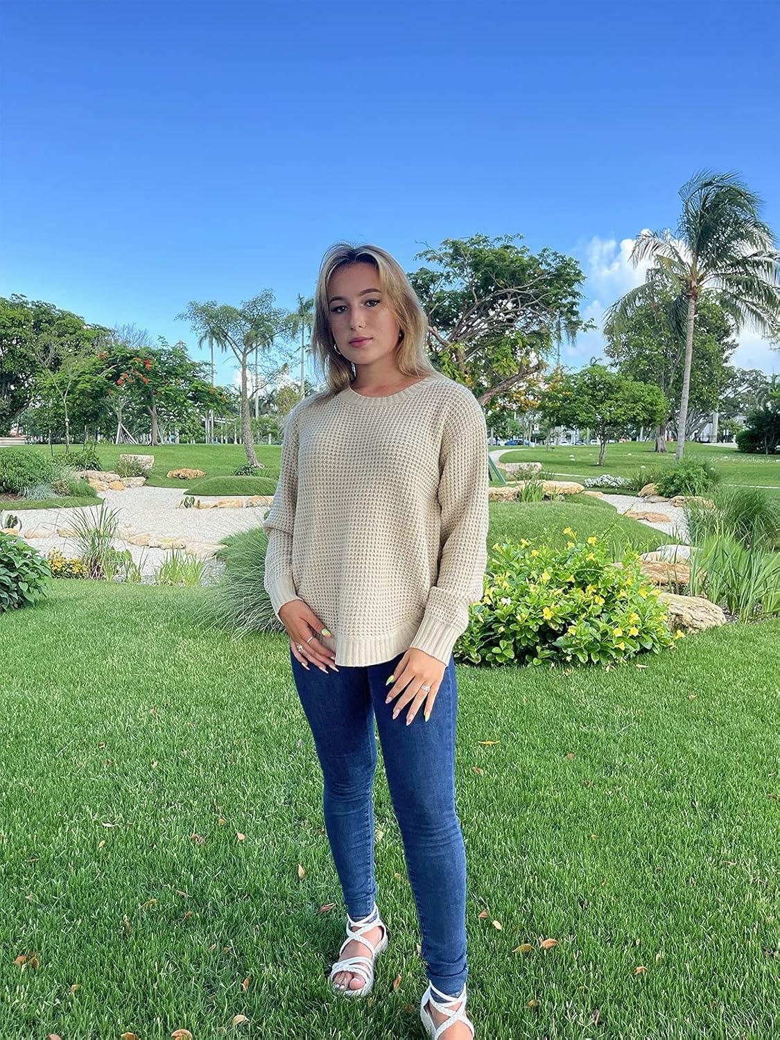 imageMEROKEETY Womens 2025 Long Sleeve Waffle Knit Pullover Sweater Crew Neck Solid Color Jumper TopsBeige