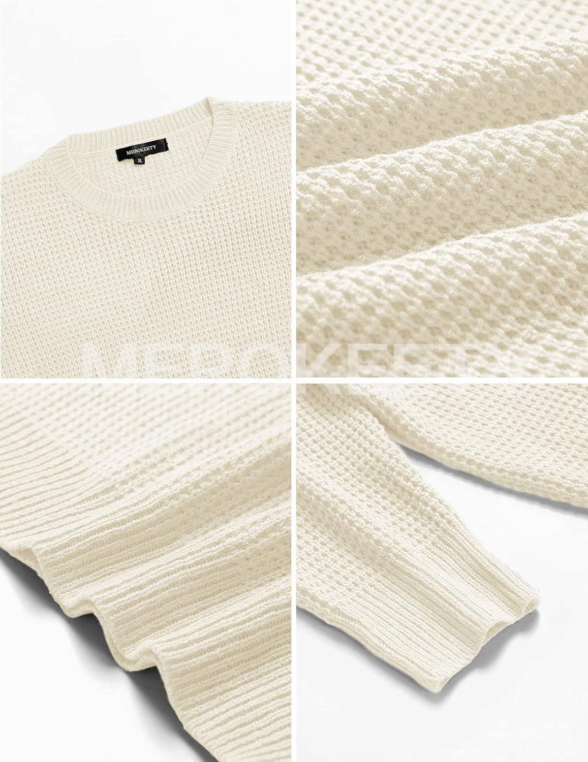 imageMEROKEETY Womens 2025 Long Sleeve Waffle Knit Pullover Sweater Crew Neck Solid Color Jumper TopsBeige