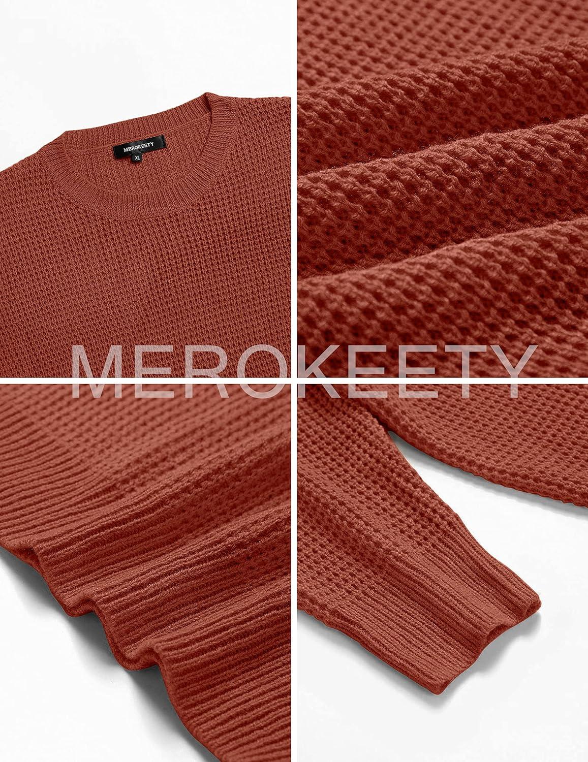 imageMEROKEETY Womens 2025 Long Sleeve Waffle Knit Pullover Sweater Crew Neck Solid Color Jumper TopsBrown