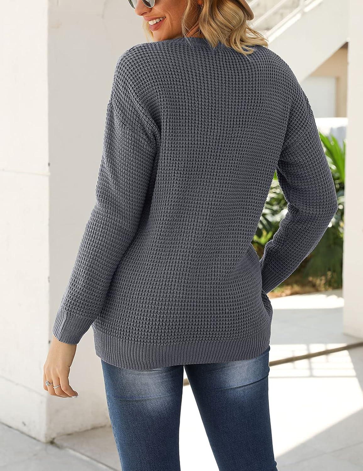 imageMEROKEETY Womens 2025 Long Sleeve Waffle Knit Pullover Sweater Crew Neck Solid Color Jumper TopsGrey