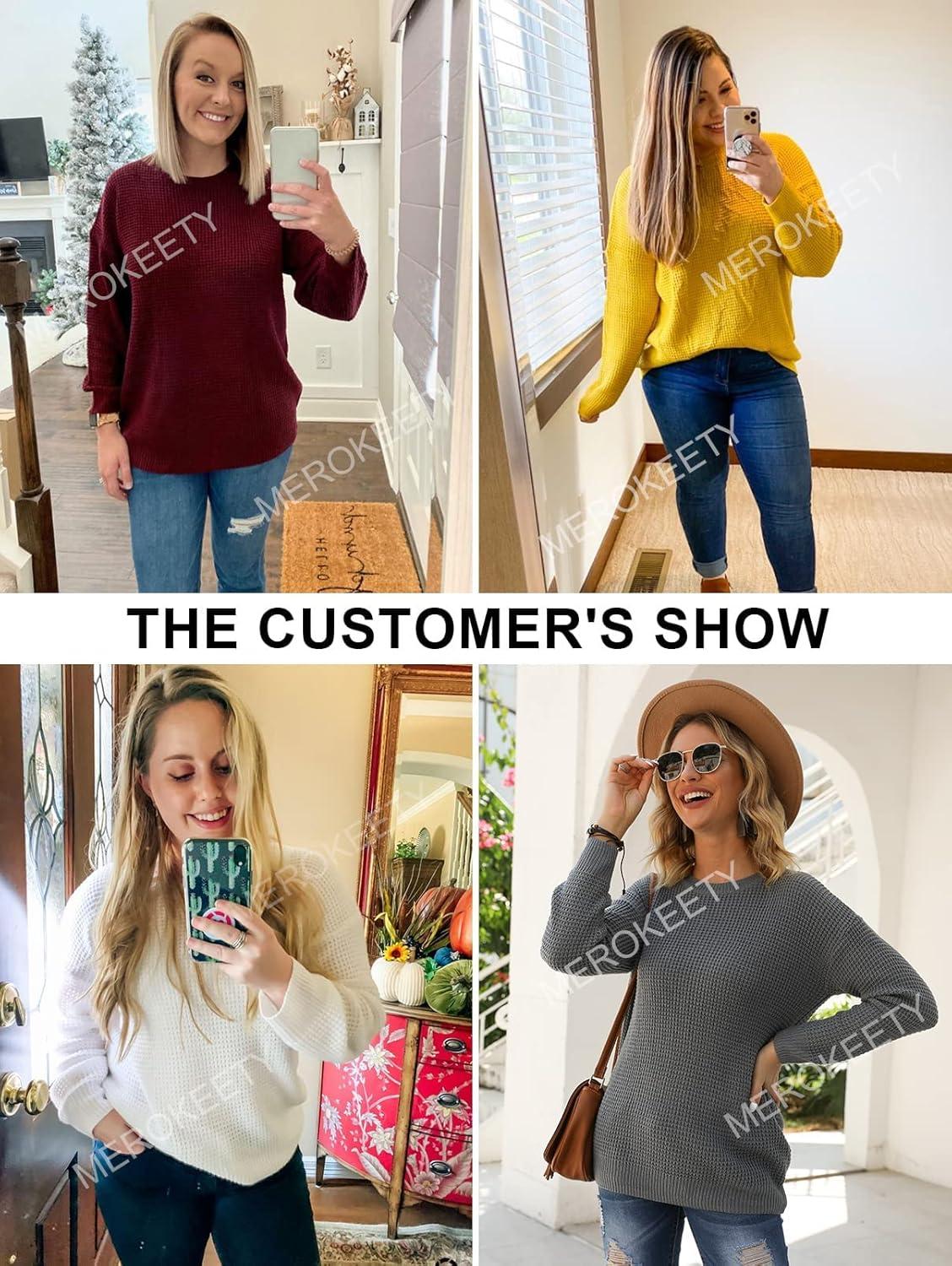 imageMEROKEETY Womens 2025 Long Sleeve Waffle Knit Pullover Sweater Crew Neck Solid Color Jumper TopsGrey