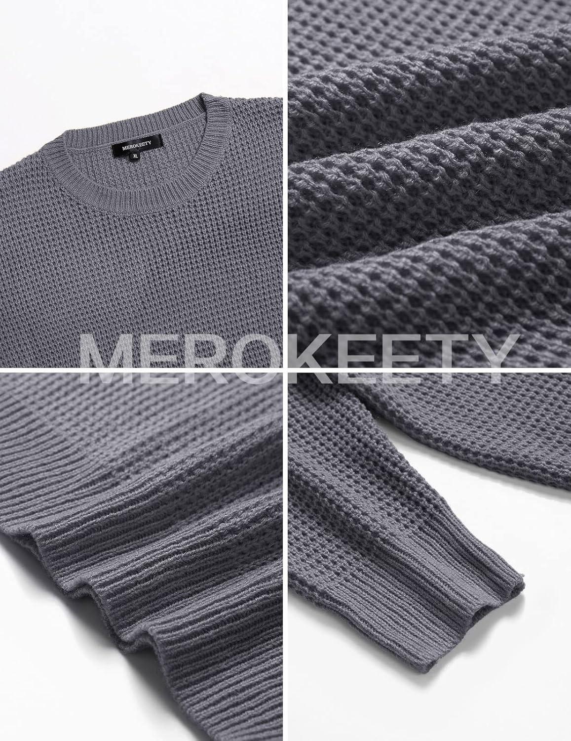 imageMEROKEETY Womens 2025 Long Sleeve Waffle Knit Pullover Sweater Crew Neck Solid Color Jumper TopsGrey