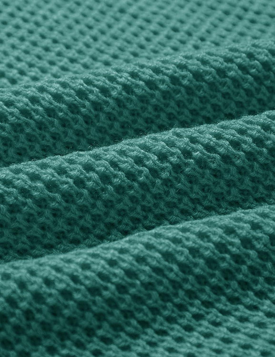 imageMEROKEETY Womens 2025 Long Sleeve Waffle Knit Pullover Sweater Crew Neck Solid Color Jumper TopsLake Green