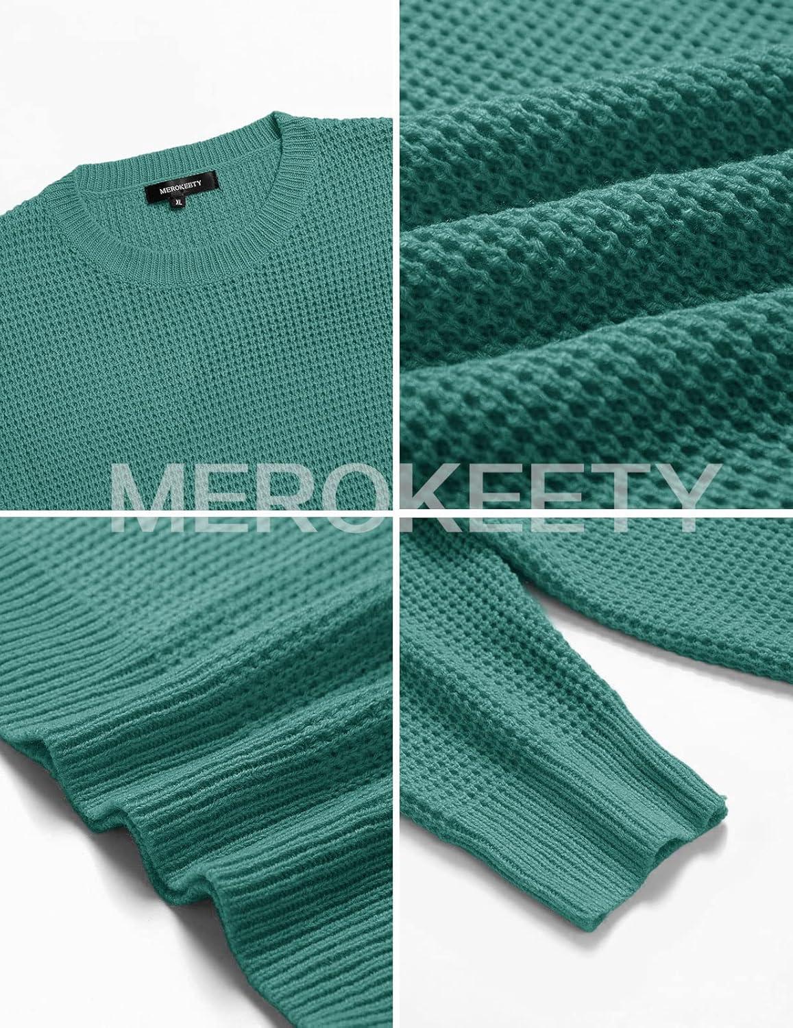imageMEROKEETY Womens 2025 Long Sleeve Waffle Knit Pullover Sweater Crew Neck Solid Color Jumper TopsLake Green