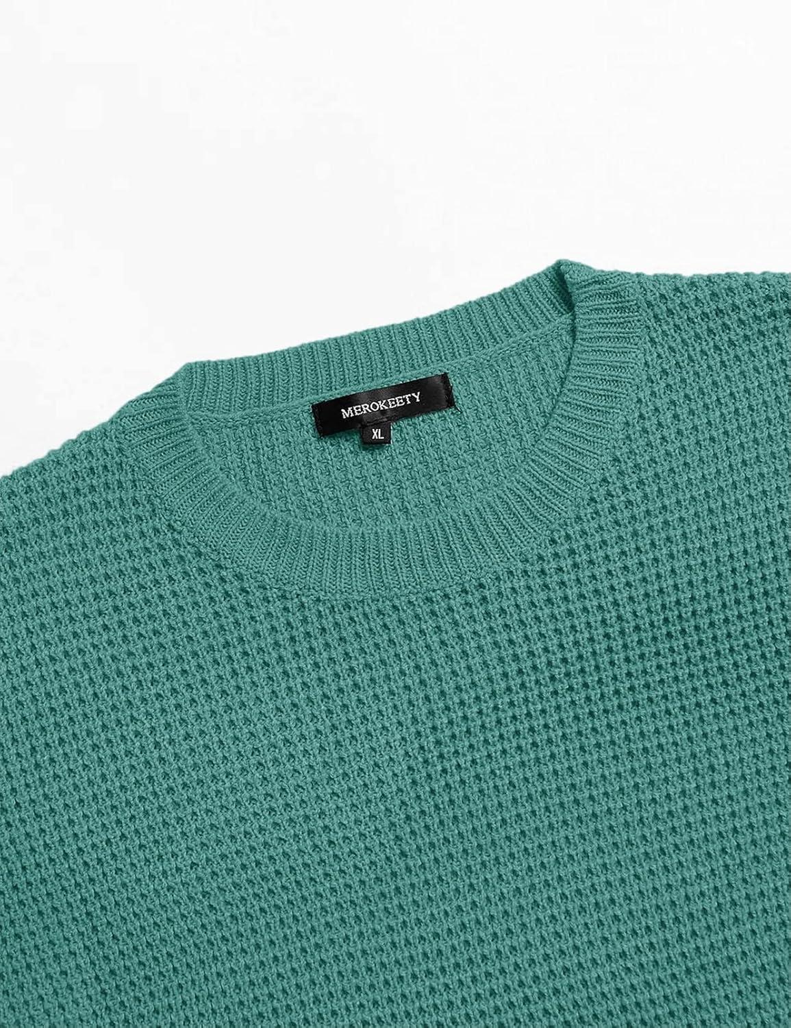 imageMEROKEETY Womens 2025 Long Sleeve Waffle Knit Pullover Sweater Crew Neck Solid Color Jumper TopsLake Green