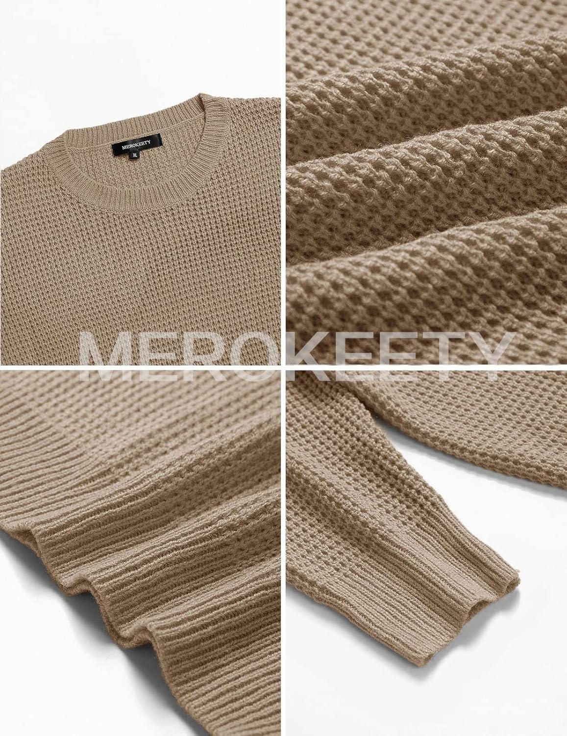 imageMEROKEETY Womens 2025 Long Sleeve Waffle Knit Pullover Sweater Crew Neck Solid Color Jumper TopsLight Khaki