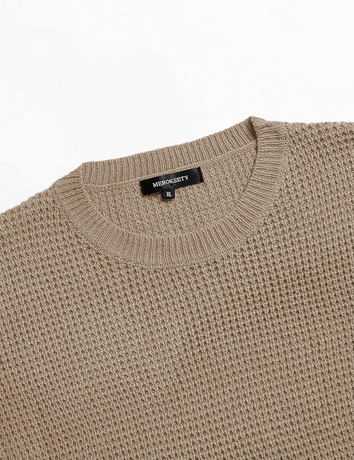 imageMEROKEETY Womens 2025 Long Sleeve Waffle Knit Pullover Sweater Crew Neck Solid Color Jumper TopsLight Khaki