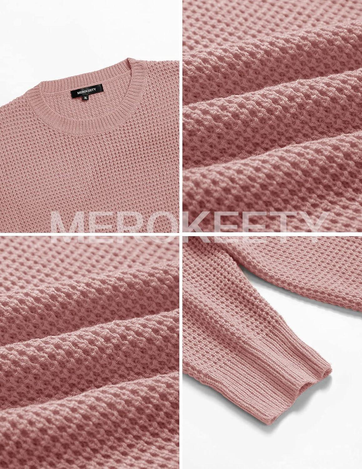 imageMEROKEETY Womens 2025 Long Sleeve Waffle Knit Pullover Sweater Crew Neck Solid Color Jumper TopsPink