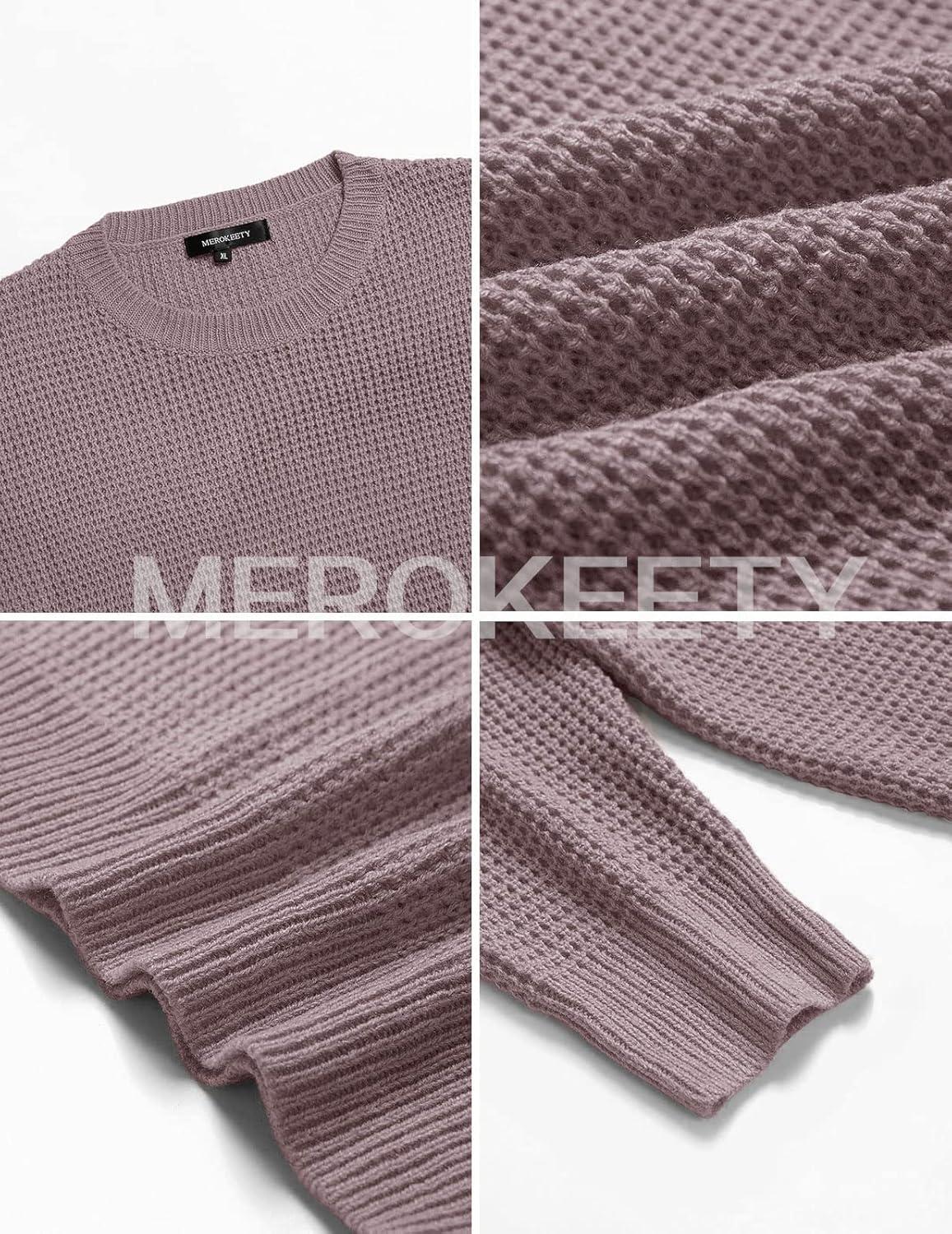 imageMEROKEETY Womens 2025 Long Sleeve Waffle Knit Pullover Sweater Crew Neck Solid Color Jumper TopsTaro