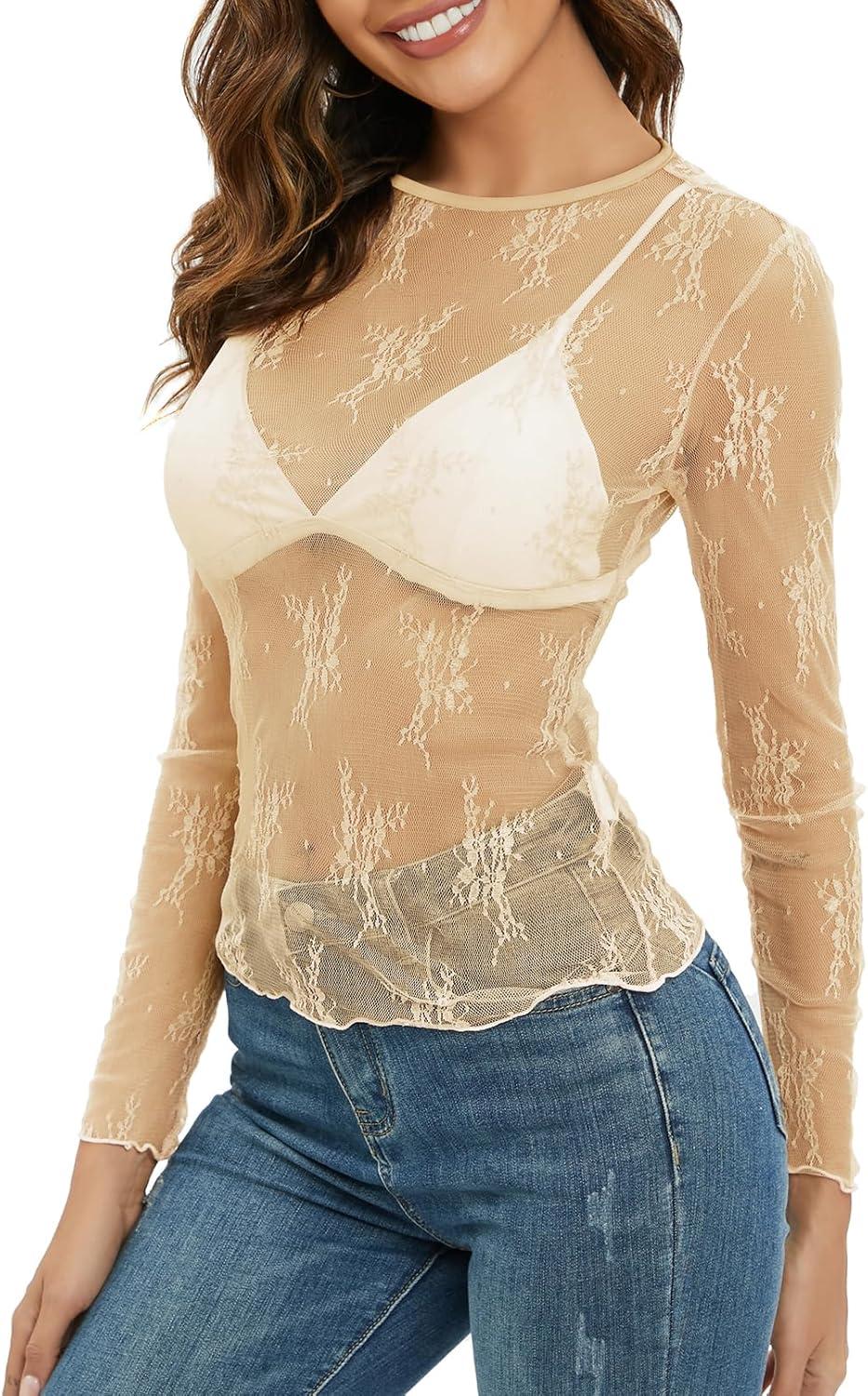 imageMEROKEETY Womens 2026 Long Sleeve Lace Sheer Mesh Tops Undershirt Sexy See Through Going Out Crewneck Blouse ShirtsApricot