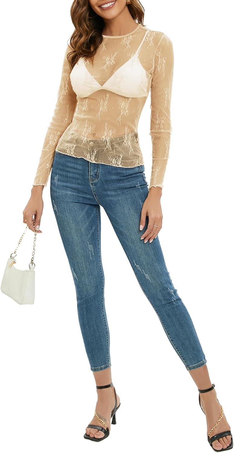 imageMEROKEETY Womens 2026 Long Sleeve Lace Sheer Mesh Tops Undershirt Sexy See Through Going Out Crewneck Blouse ShirtsApricot