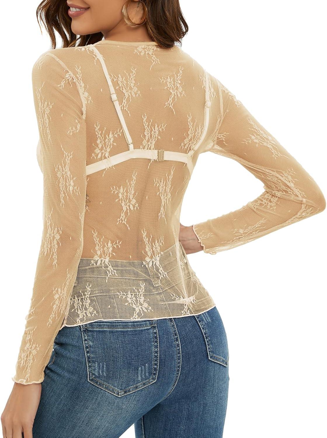 imageMEROKEETY Womens 2026 Long Sleeve Lace Sheer Mesh Tops Undershirt Sexy See Through Going Out Crewneck Blouse ShirtsApricot