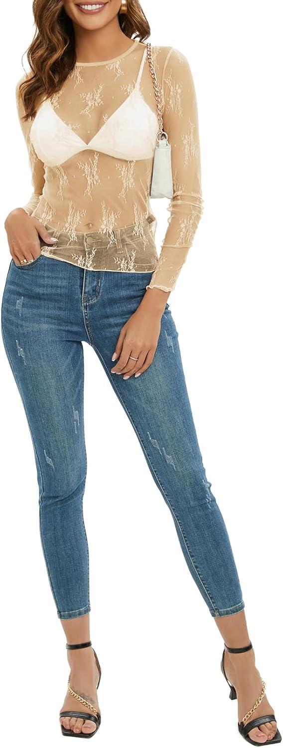 imageMEROKEETY Womens 2026 Long Sleeve Lace Sheer Mesh Tops Undershirt Sexy See Through Going Out Crewneck Blouse ShirtsApricot