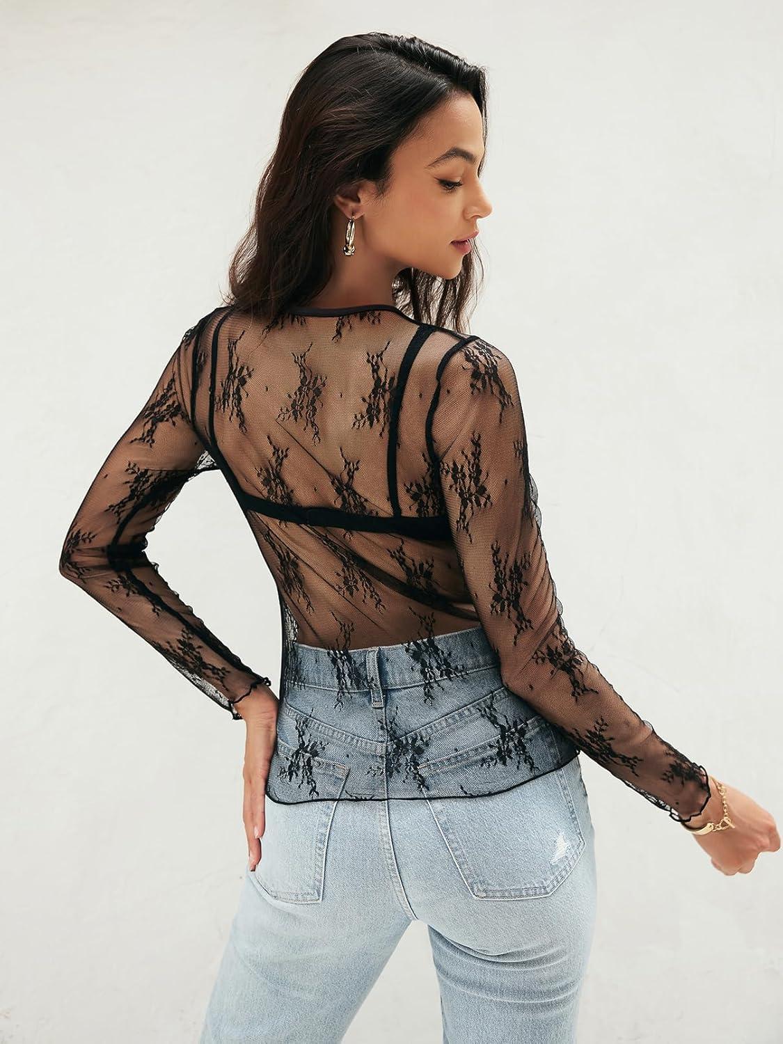 imageMEROKEETY Womens 2026 Long Sleeve Lace Sheer Mesh Tops Undershirt Sexy See Through Going Out Crewneck Blouse ShirtsBlack