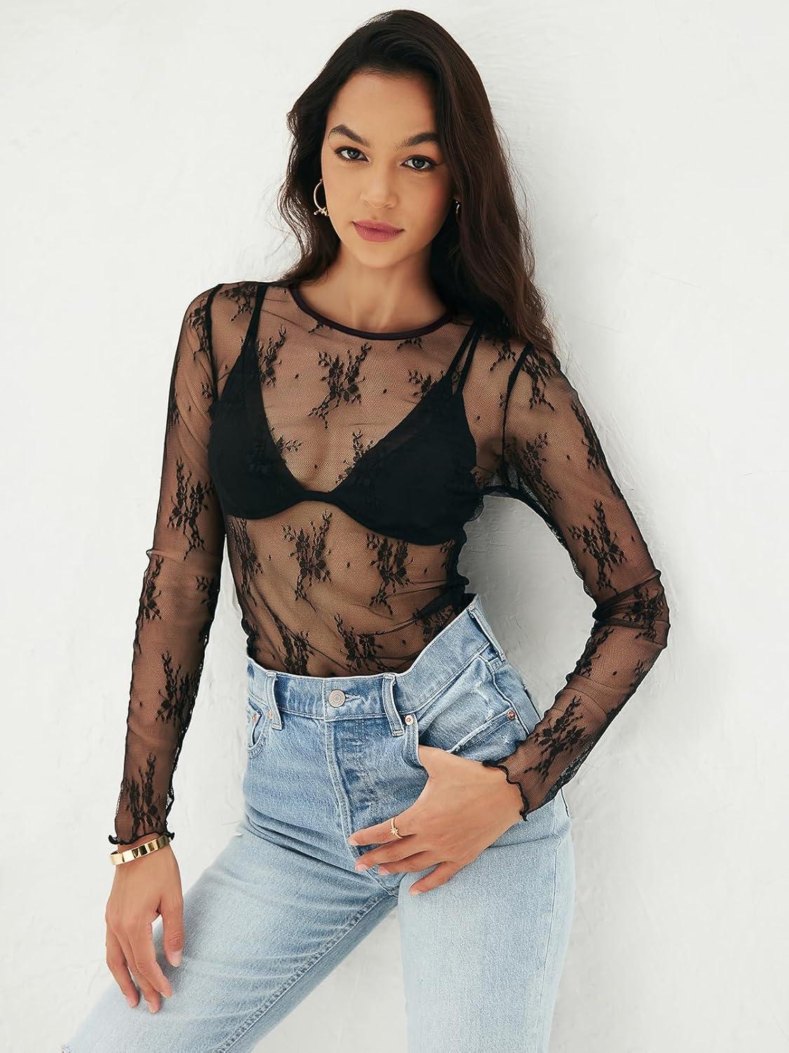imageMEROKEETY Womens 2026 Long Sleeve Lace Sheer Mesh Tops Undershirt Sexy See Through Going Out Crewneck Blouse ShirtsBlack