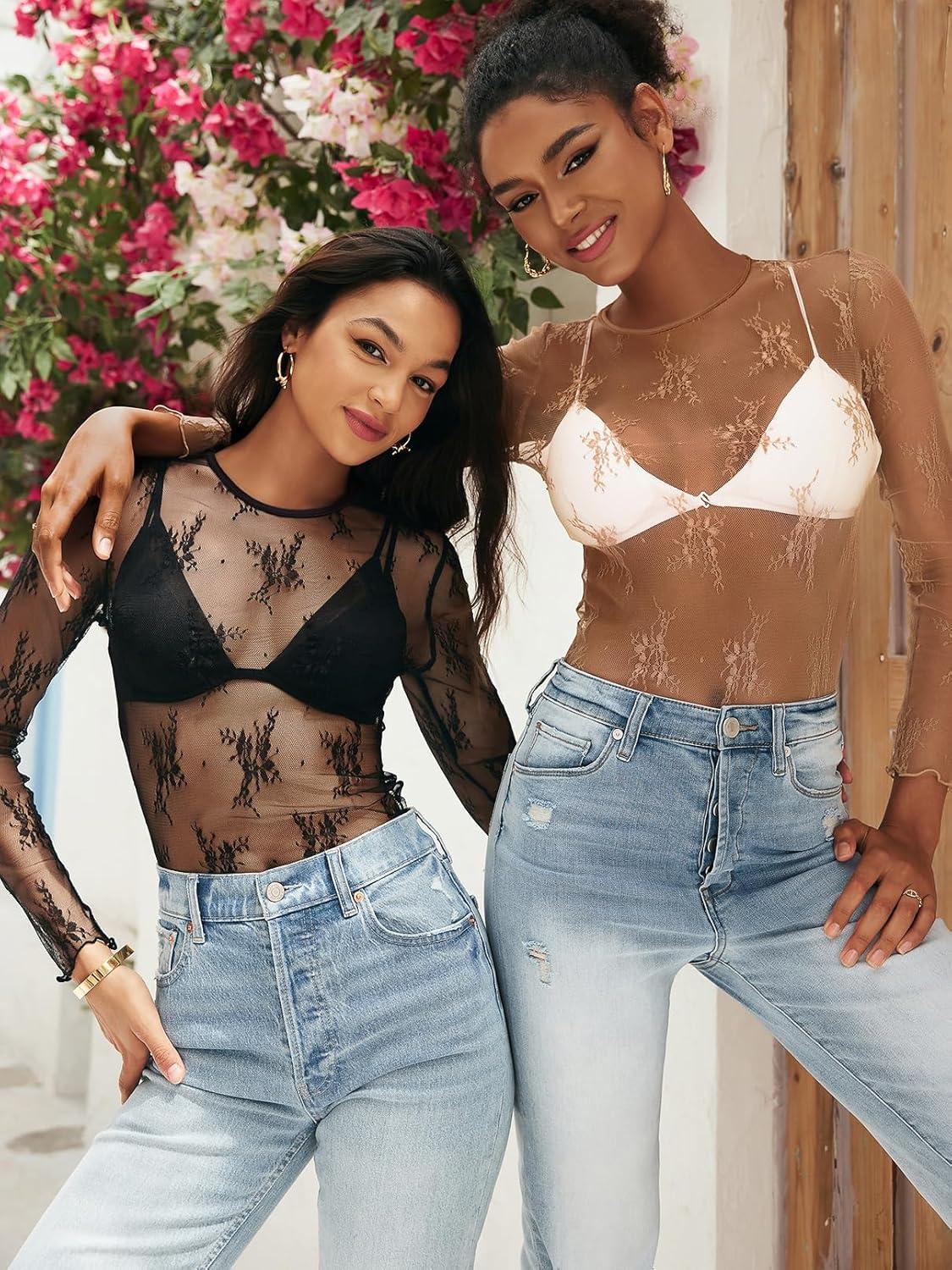 imageMEROKEETY Womens 2026 Long Sleeve Lace Sheer Mesh Tops Undershirt Sexy See Through Going Out Crewneck Blouse ShirtsBlack