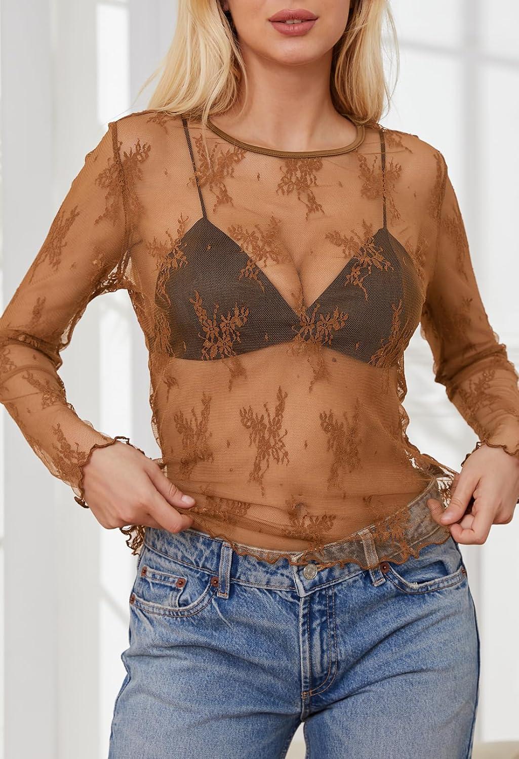 imageMEROKEETY Womens 2026 Long Sleeve Lace Sheer Mesh Tops Undershirt Sexy See Through Going Out Crewneck Blouse ShirtsBrown