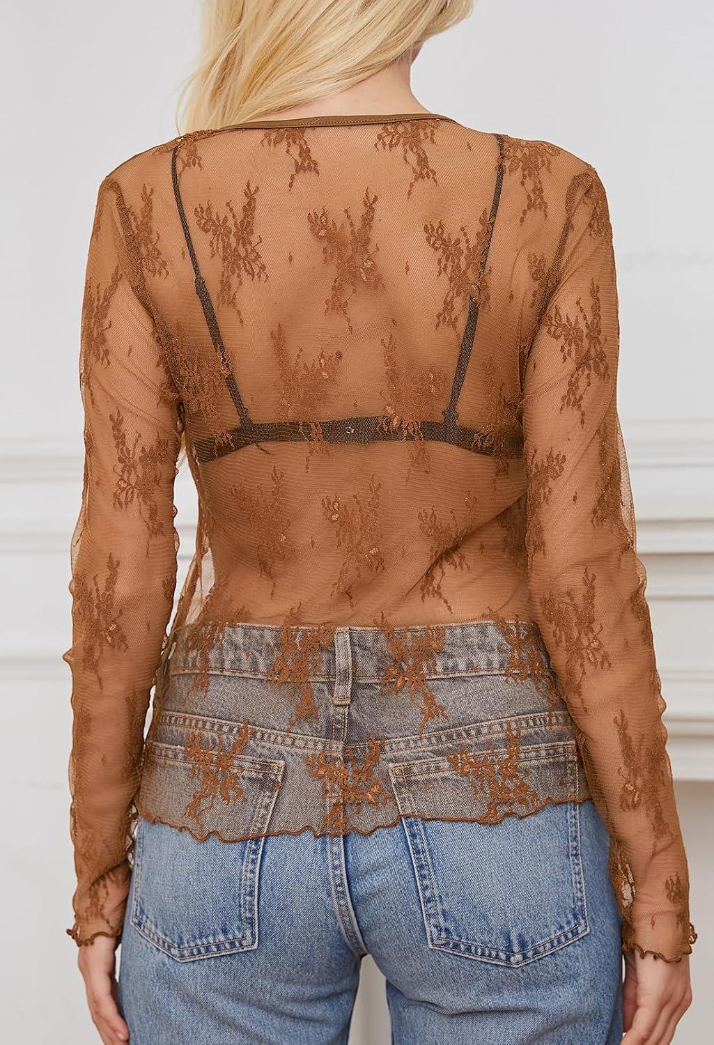 imageMEROKEETY Womens 2026 Long Sleeve Lace Sheer Mesh Tops Undershirt Sexy See Through Going Out Crewneck Blouse ShirtsBrown