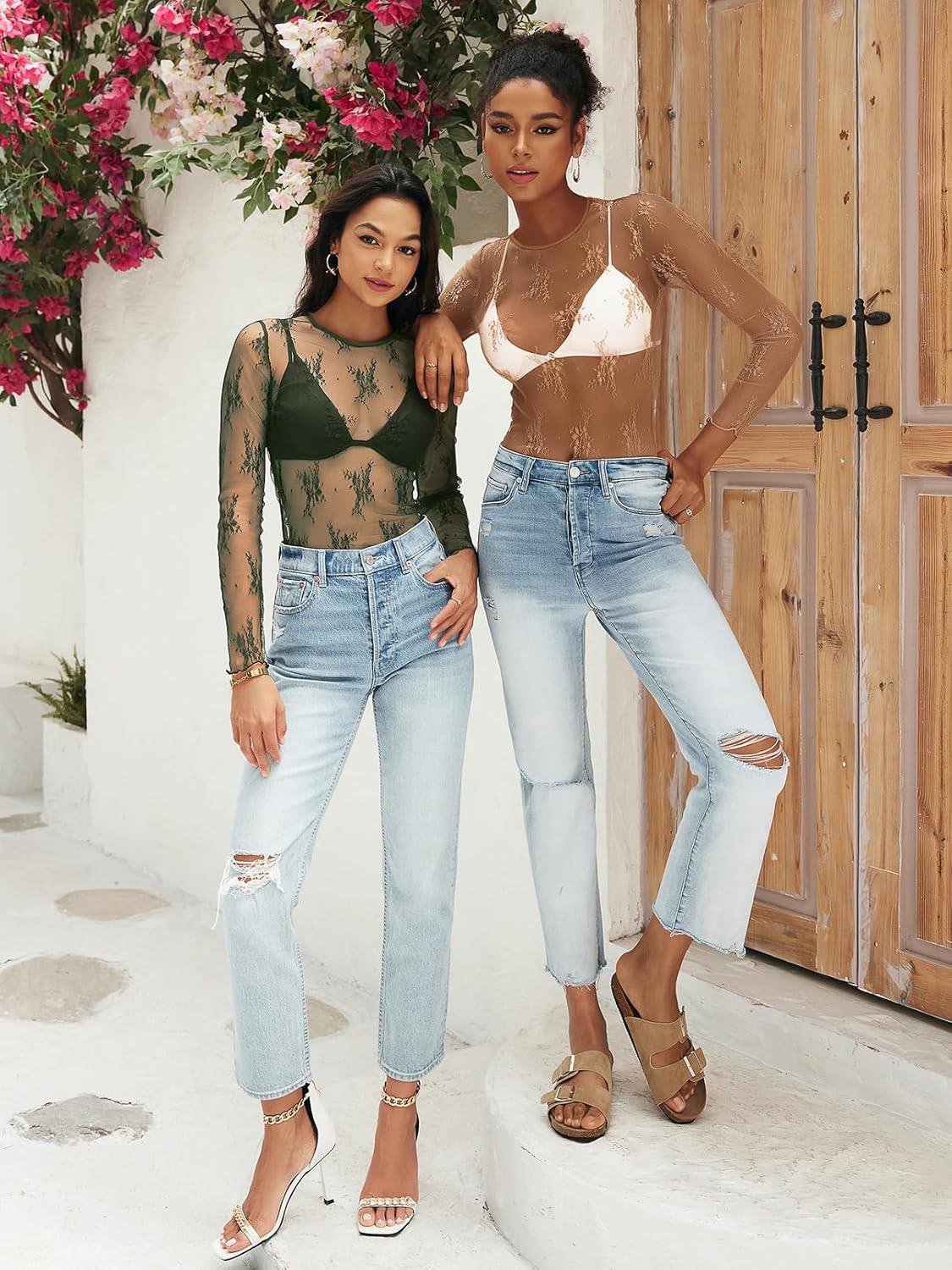imageMEROKEETY Womens 2026 Long Sleeve Lace Sheer Mesh Tops Undershirt Sexy See Through Going Out Crewneck Blouse ShirtsGreen