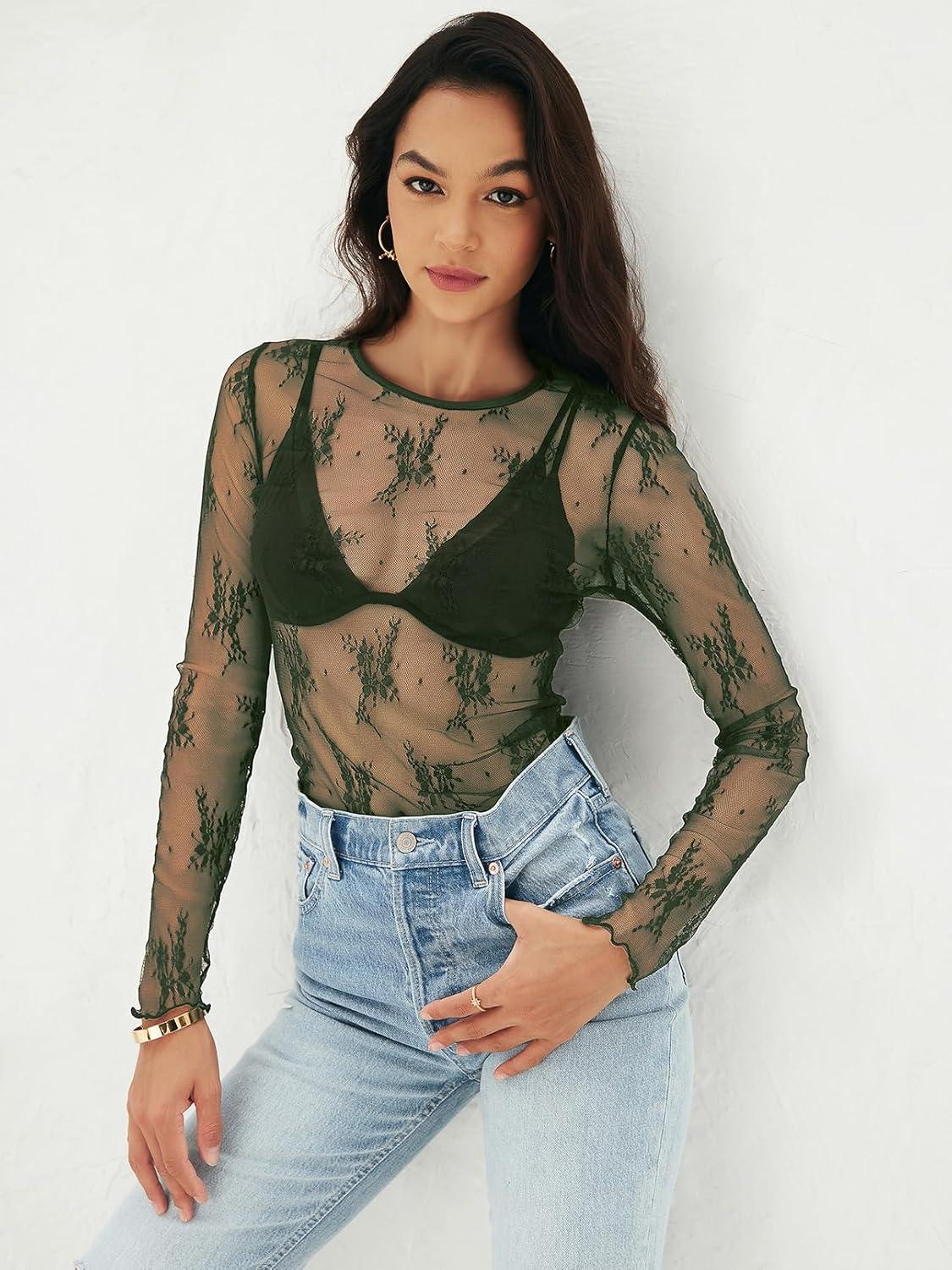 imageMEROKEETY Womens 2026 Long Sleeve Lace Sheer Mesh Tops Undershirt Sexy See Through Going Out Crewneck Blouse ShirtsGreen