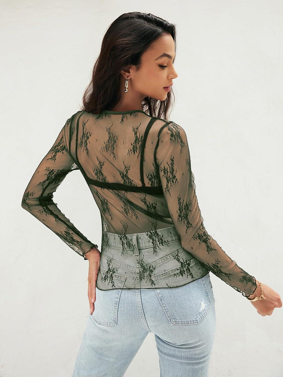 imageMEROKEETY Womens 2026 Long Sleeve Lace Sheer Mesh Tops Undershirt Sexy See Through Going Out Crewneck Blouse ShirtsGreen