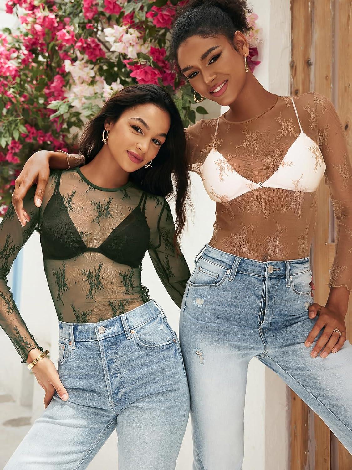 imageMEROKEETY Womens 2026 Long Sleeve Lace Sheer Mesh Tops Undershirt Sexy See Through Going Out Crewneck Blouse ShirtsGreen