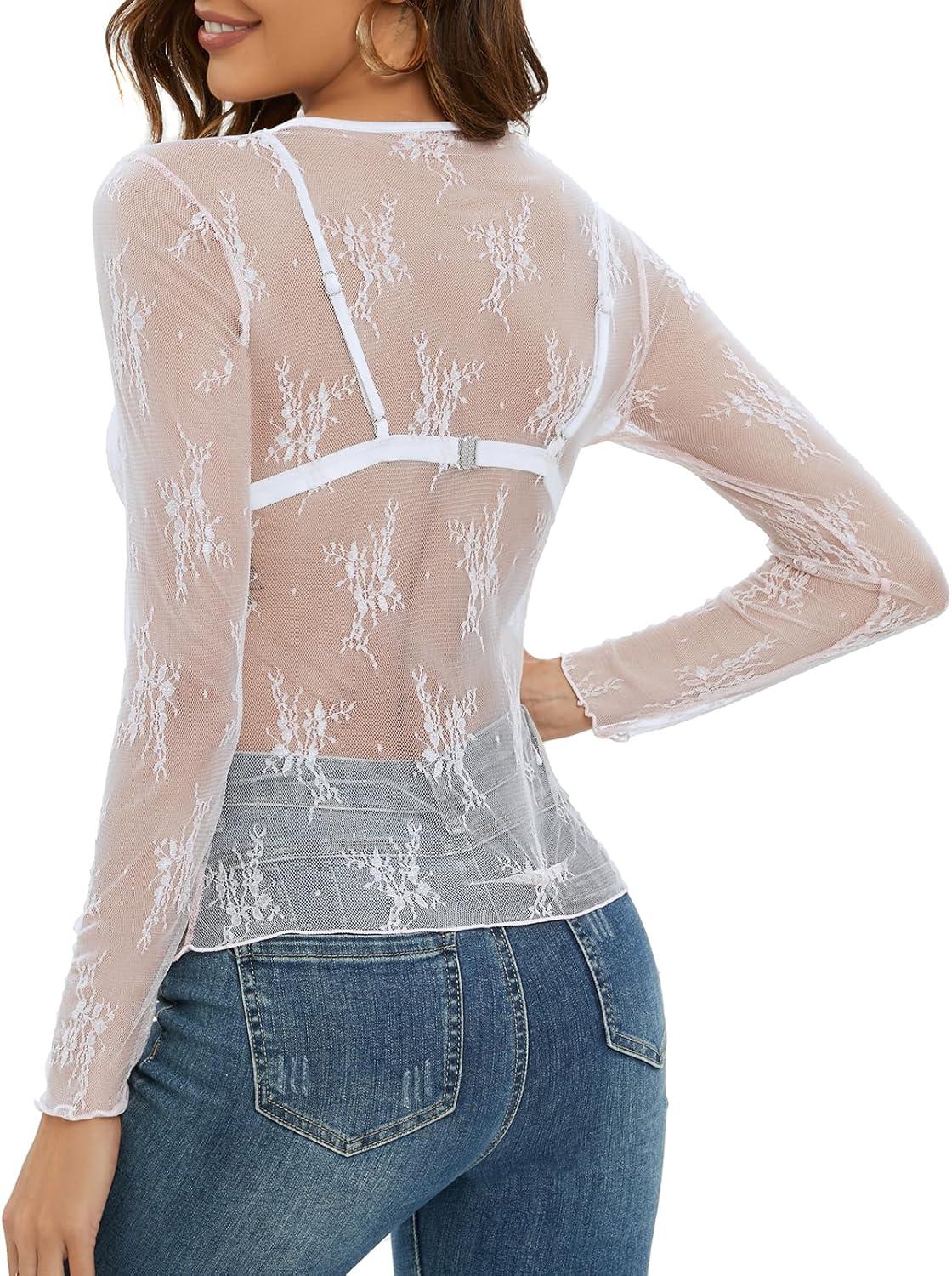 imageMEROKEETY Womens 2026 Long Sleeve Lace Sheer Mesh Tops Undershirt Sexy See Through Going Out Crewneck Blouse ShirtsWhite