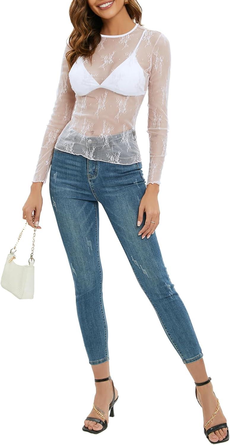 imageMEROKEETY Womens 2026 Long Sleeve Lace Sheer Mesh Tops Undershirt Sexy See Through Going Out Crewneck Blouse ShirtsWhite