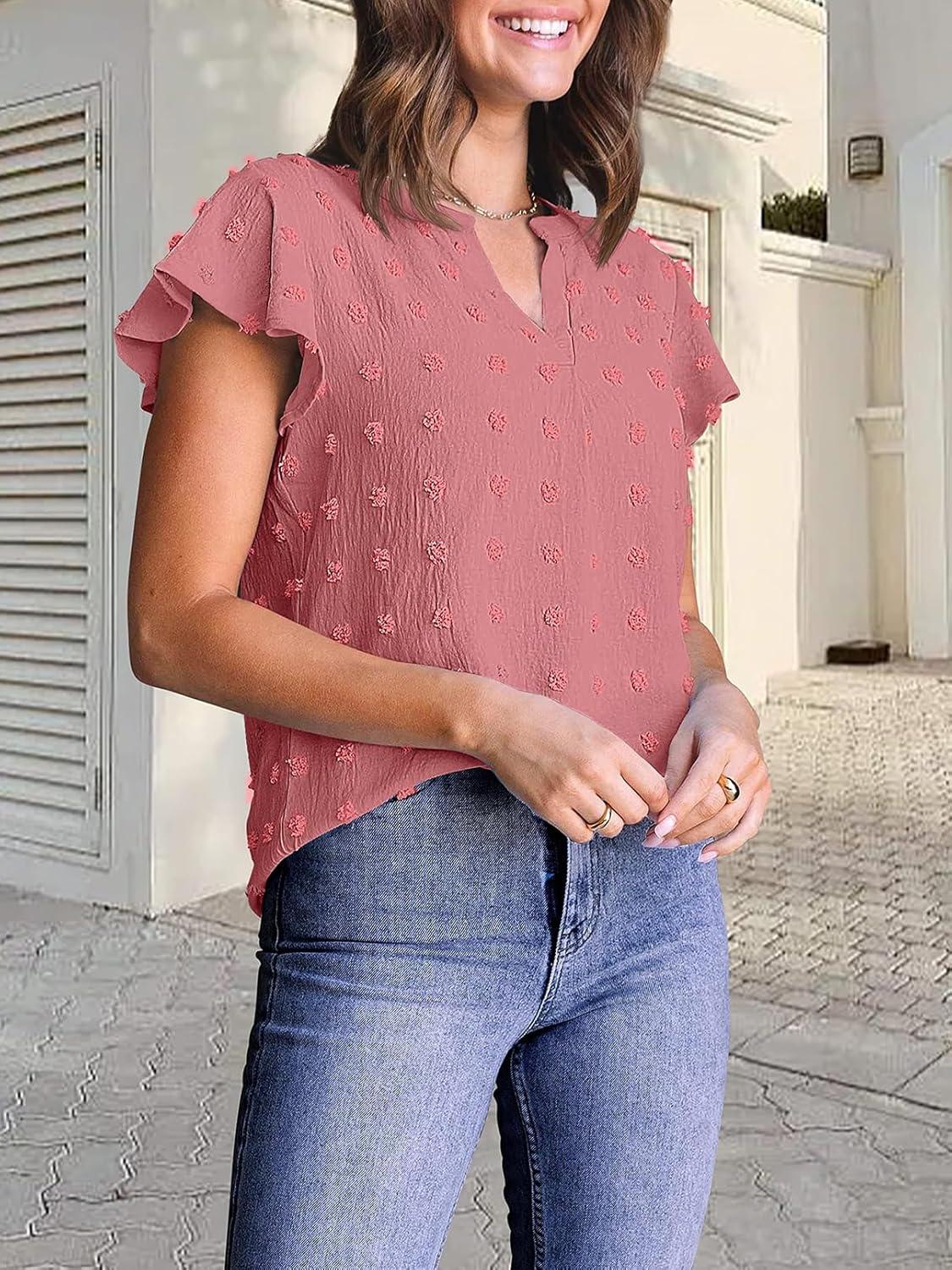 imageMEROKEETY Womens 2026 Spring V Neck Ruffle Short Sleeve Blouse Summer Swiss Dot Dressy Casual Flowy Shirt Tunic TopCoral Red