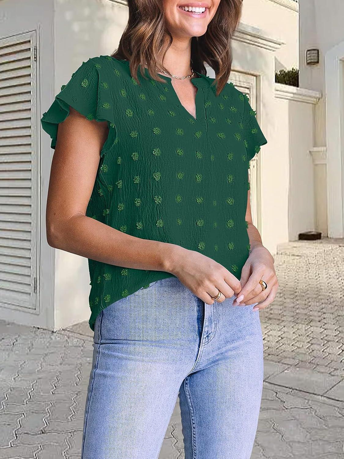 imageMEROKEETY Womens 2026 Spring V Neck Ruffle Short Sleeve Blouse Summer Swiss Dot Dressy Casual Flowy Shirt Tunic TopDark Green