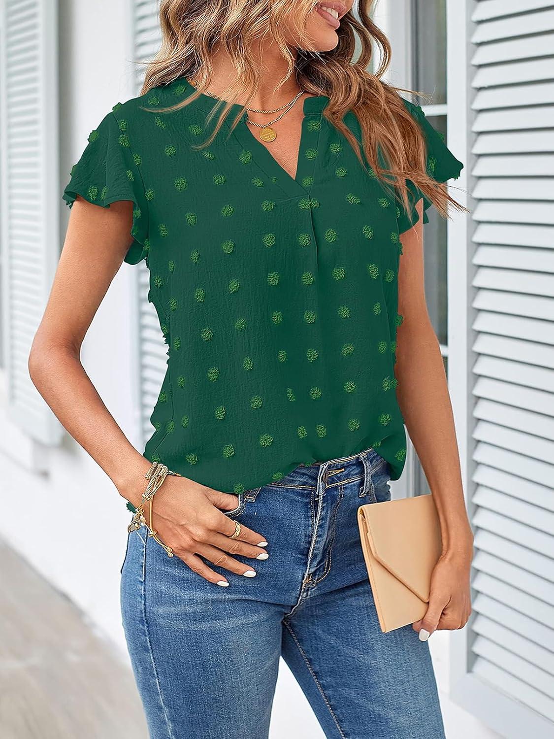 imageMEROKEETY Womens 2026 Spring V Neck Ruffle Short Sleeve Blouse Summer Swiss Dot Dressy Casual Flowy Shirt Tunic TopDark Green