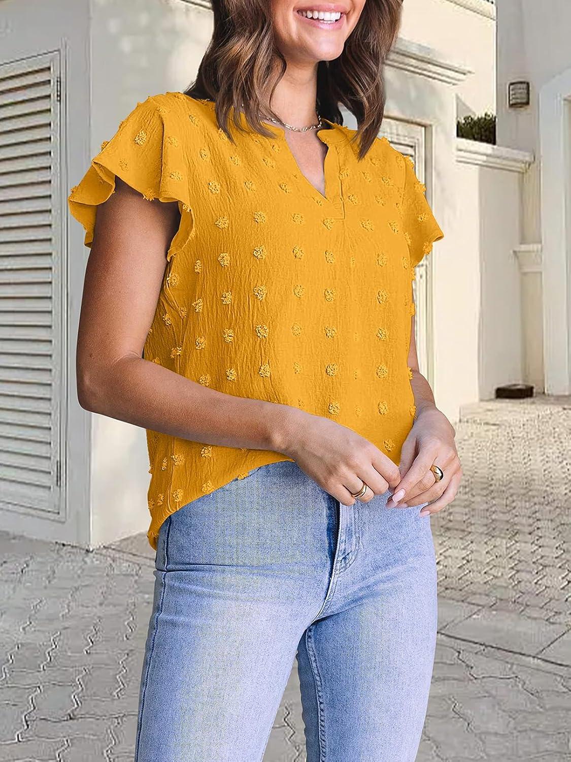 imageMEROKEETY Womens 2026 Spring V Neck Ruffle Short Sleeve Blouse Summer Swiss Dot Dressy Casual Flowy Shirt Tunic TopGinger