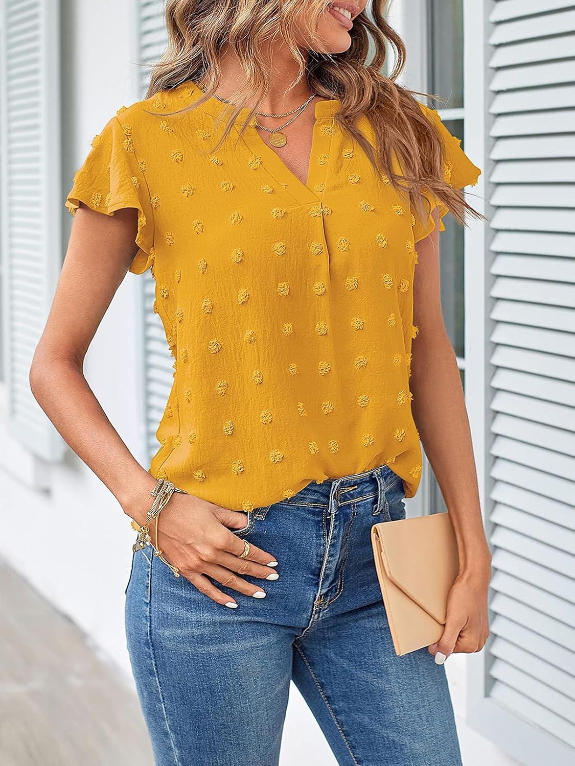 imageMEROKEETY Womens 2026 Spring V Neck Ruffle Short Sleeve Blouse Summer Swiss Dot Dressy Casual Flowy Shirt Tunic TopGinger